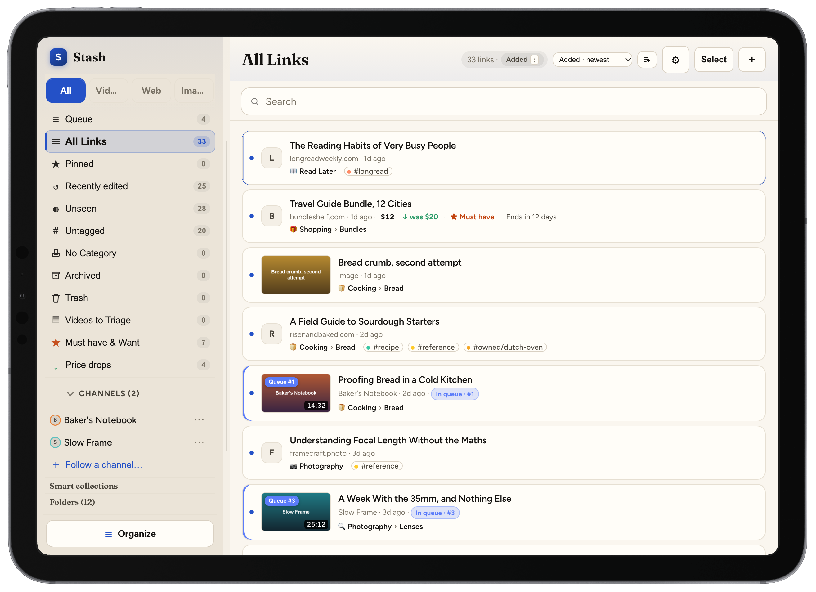 Stash on iPad: folders and views on the left, saved links on the right, with queue positions on the videos
