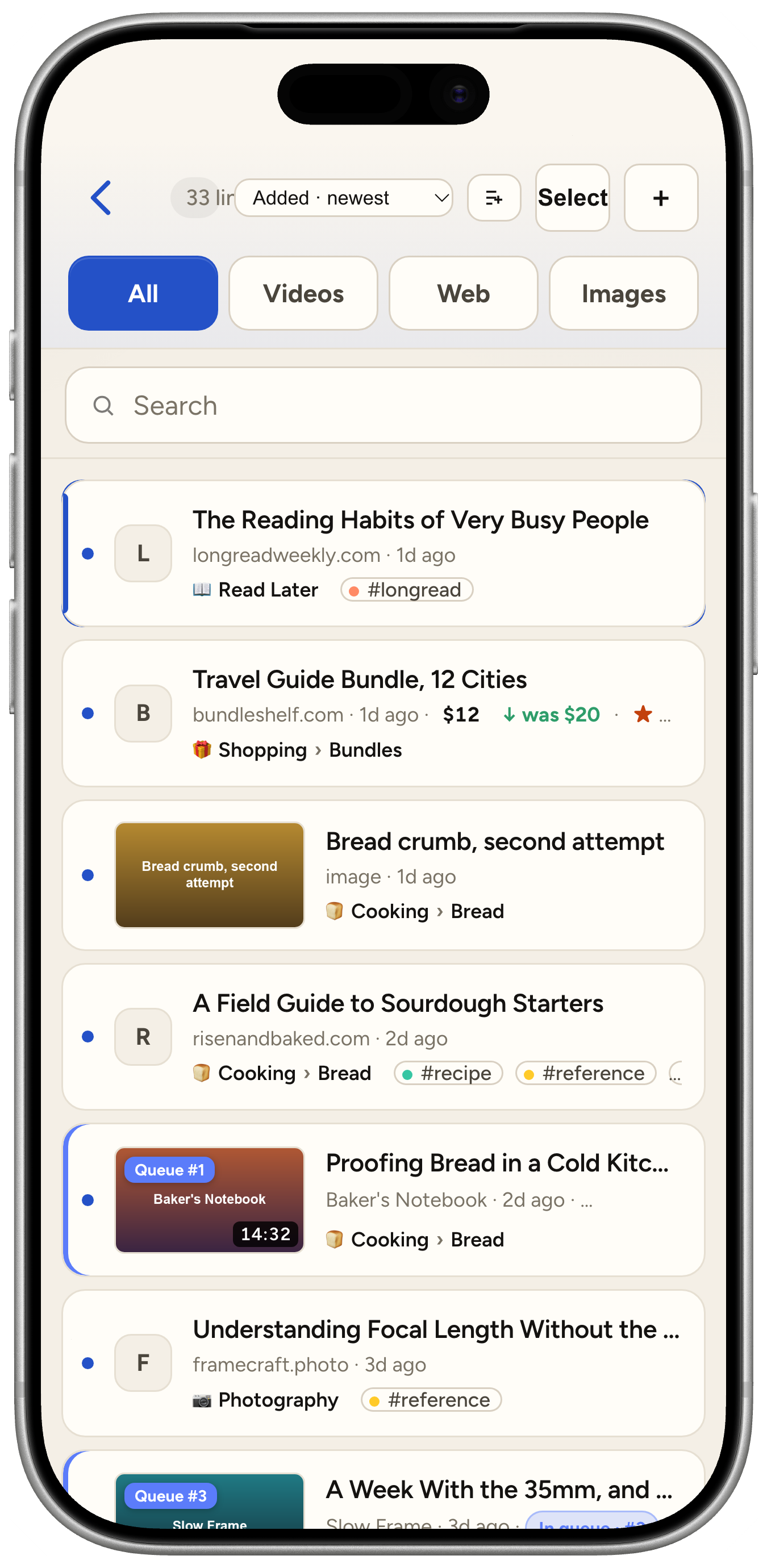 Stash on iPhone: saved links with their folders and tags