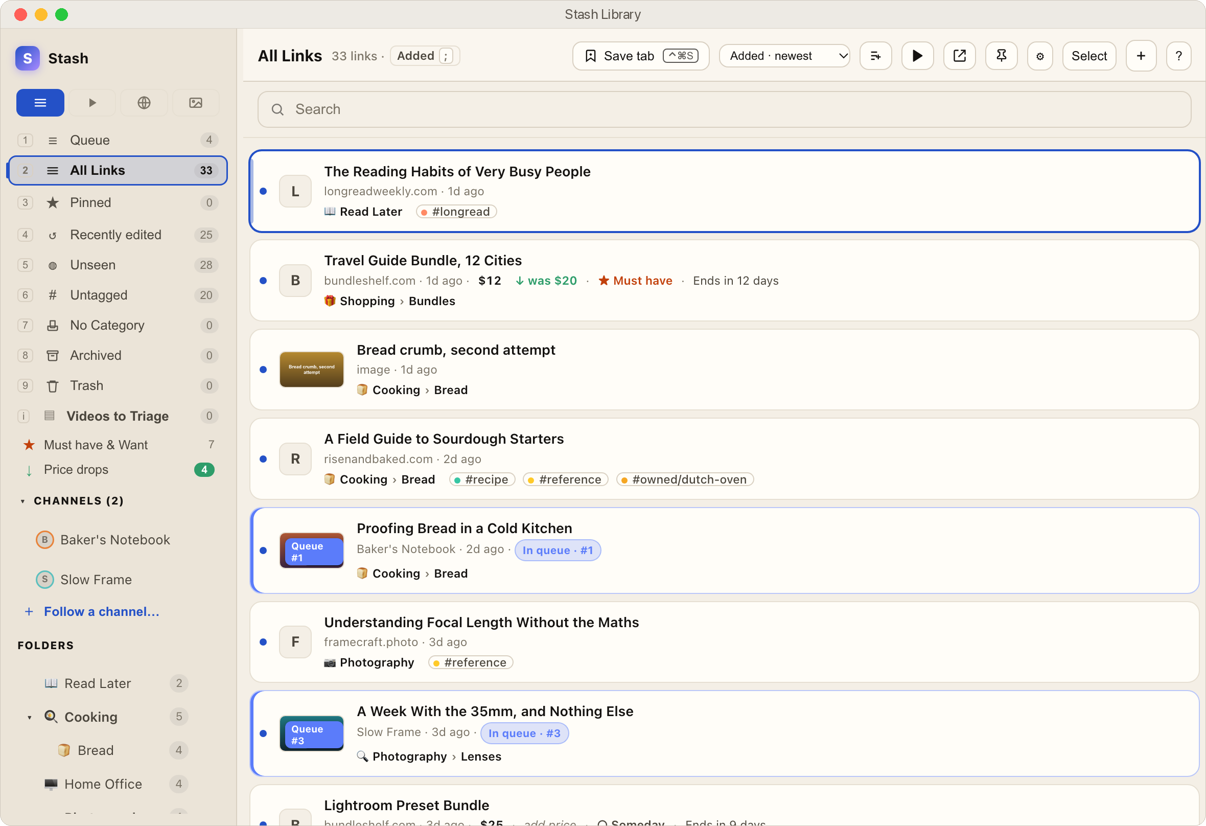 Stash on the Mac: folders and saved views down the left, saved links on the right, each with its site, its folder, its tags and, on a shopping item, its price