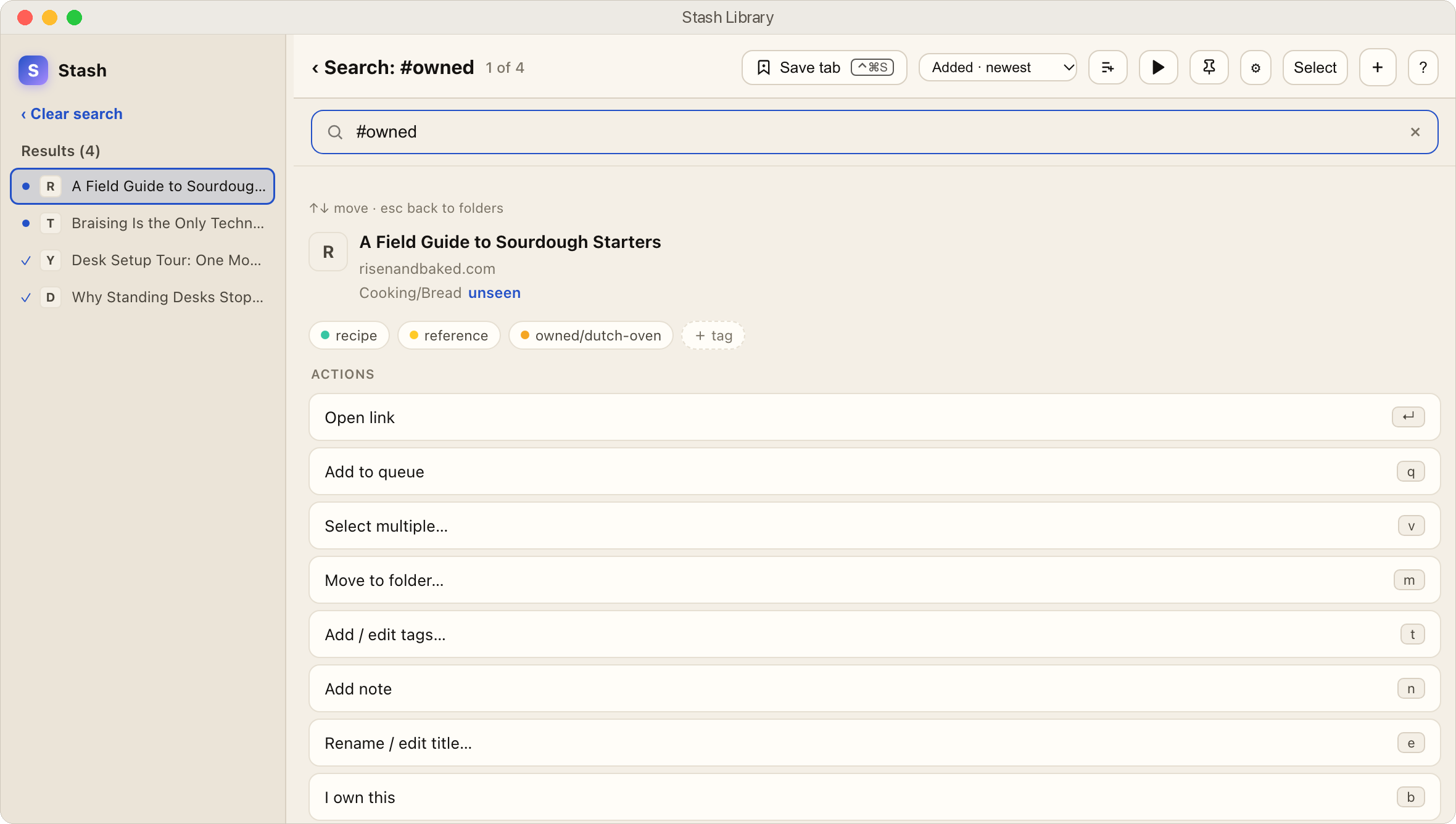 A search for #owned in Stash finds four links about things the user owns; the one open is tagged owned/dutch-oven