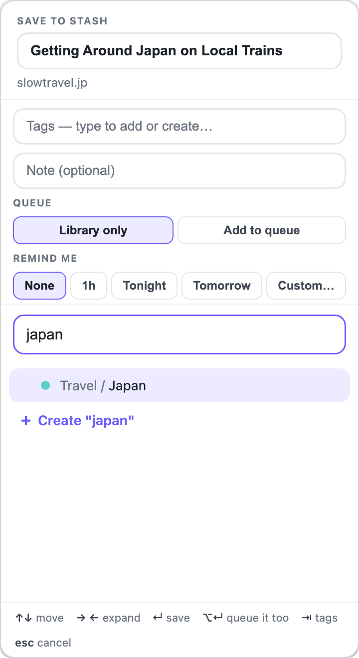 The Stash save sheet: the page title already filled in, fields for tags and a note, queue and reminder choices, and the folder box finding Travel / Japan from the word japan, with its keyboard shortcuts along the bottom