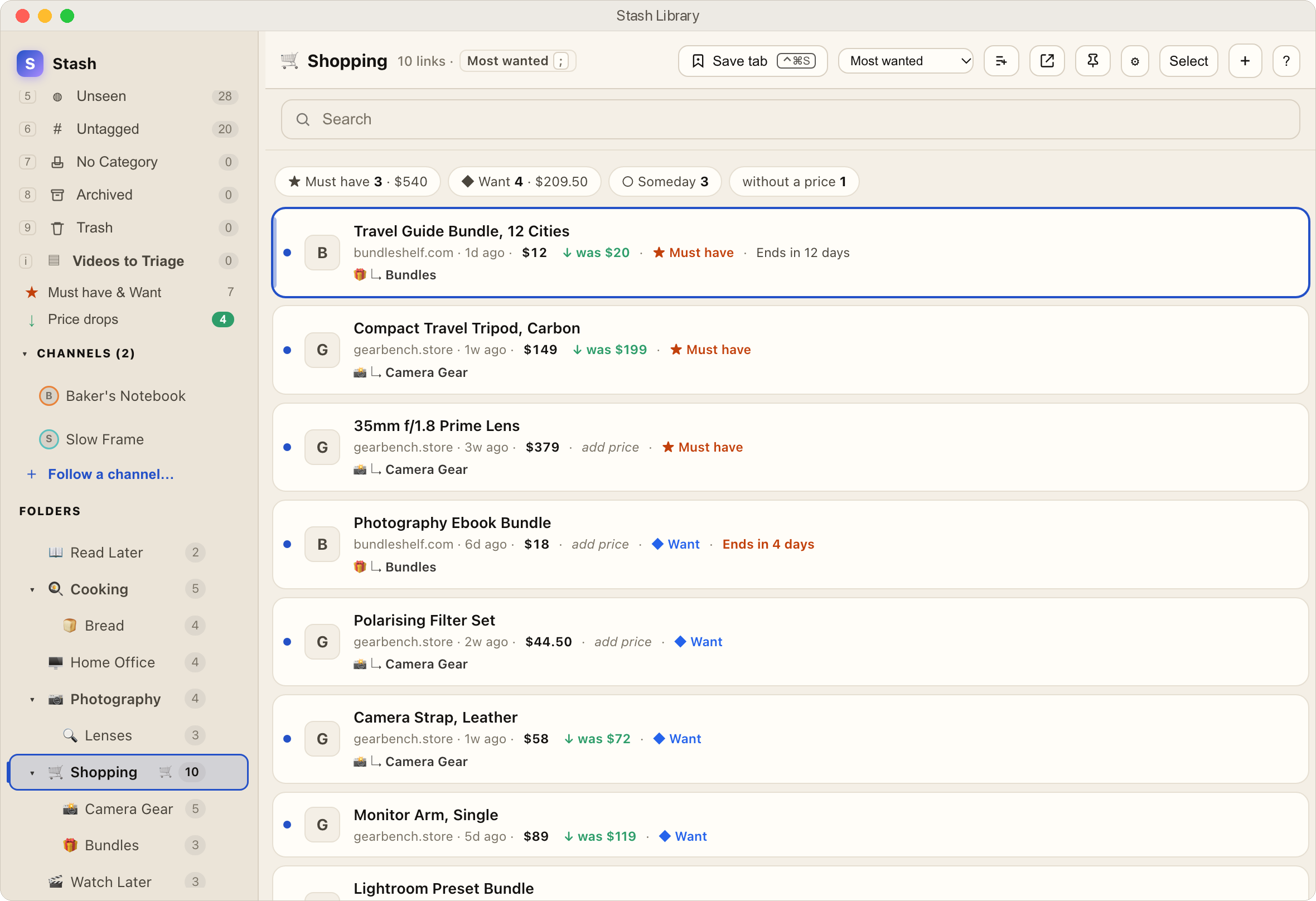 A shopping list in Stash: totals for Must have, Want and Someday across the top, then items with the current price, the old price in green where it fell, and how many days are left on an offer